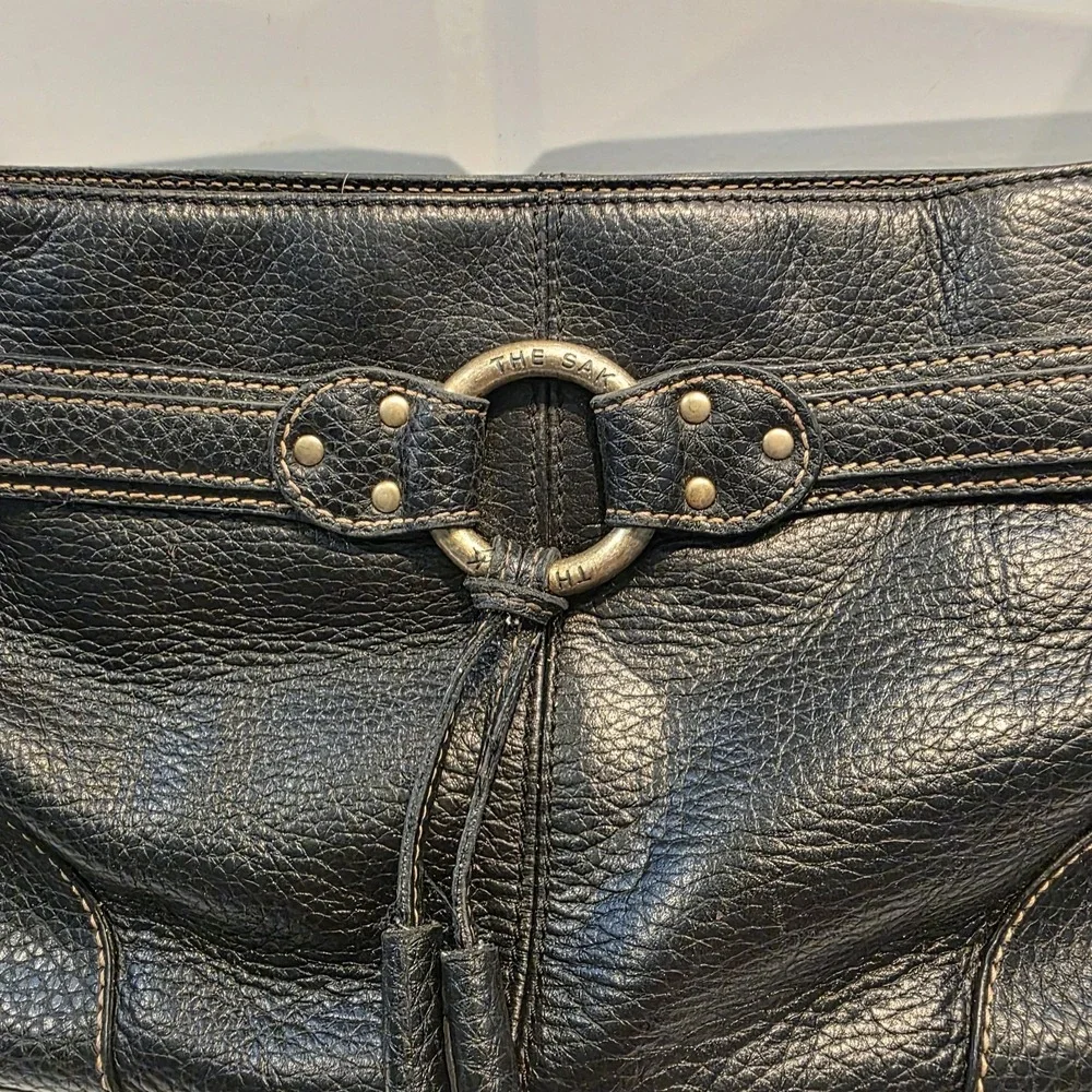 The Sak Black Pebbled Crescent Shoulder Bag Zip Houndstooth Lined Pockets Y2K